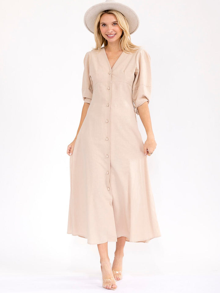 WOMEN'S SHORT SLEEVE V-NECK BUTTON UP OPEN BACK MAXI DRESS