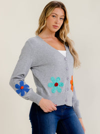 WOMEN'S LONG SLEEVE V-NECK BUTTON UP CROCHET FLOWERS SWEATER