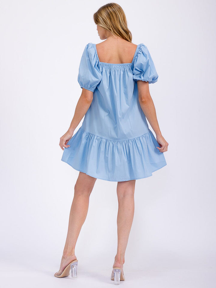 WOMEN'S SHORT PUFF SLEEVE FRONT POCKETS TIERED MINI DRESS