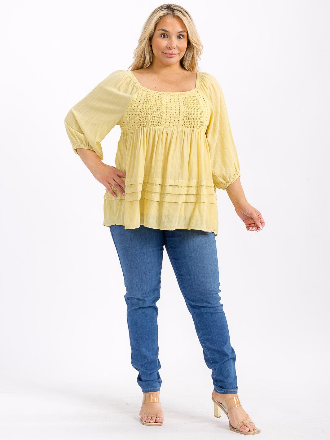 PLUS SIZE 3/4 SLEEVE SMOCK CROCHET DETAILED TUNIC BLOUSE