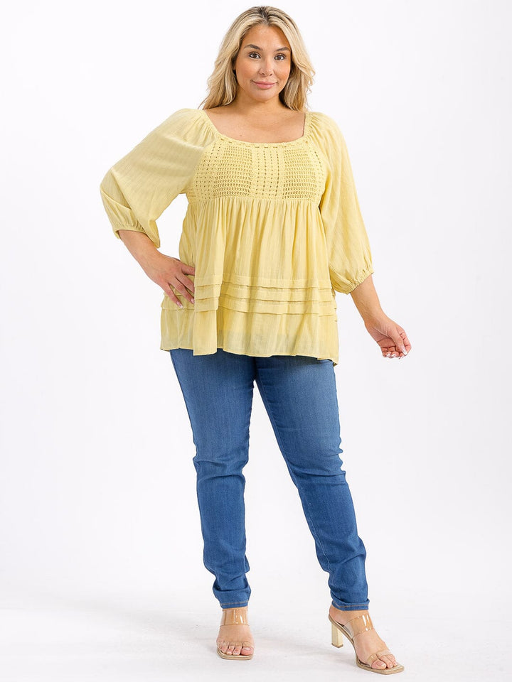 PLUS SIZE 3/4 SLEEVE SMOCK CROCHET DETAILED TUNIC BLOUSE
