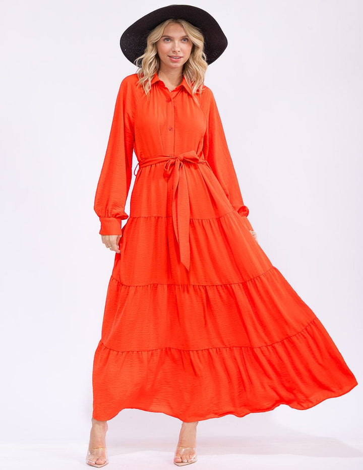 WOMEN'S LONG SLEEVE BUTTON UP SELF TIE TIERED MAXI DRESS