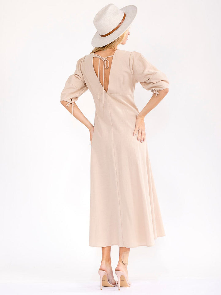 WOMEN'S SHORT SLEEVE V-NECK BUTTON UP OPEN BACK MAXI DRESS