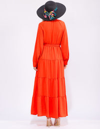 WOMEN'S LONG SLEEVE BUTTON UP SELF TIE TIERED MAXI DRESS