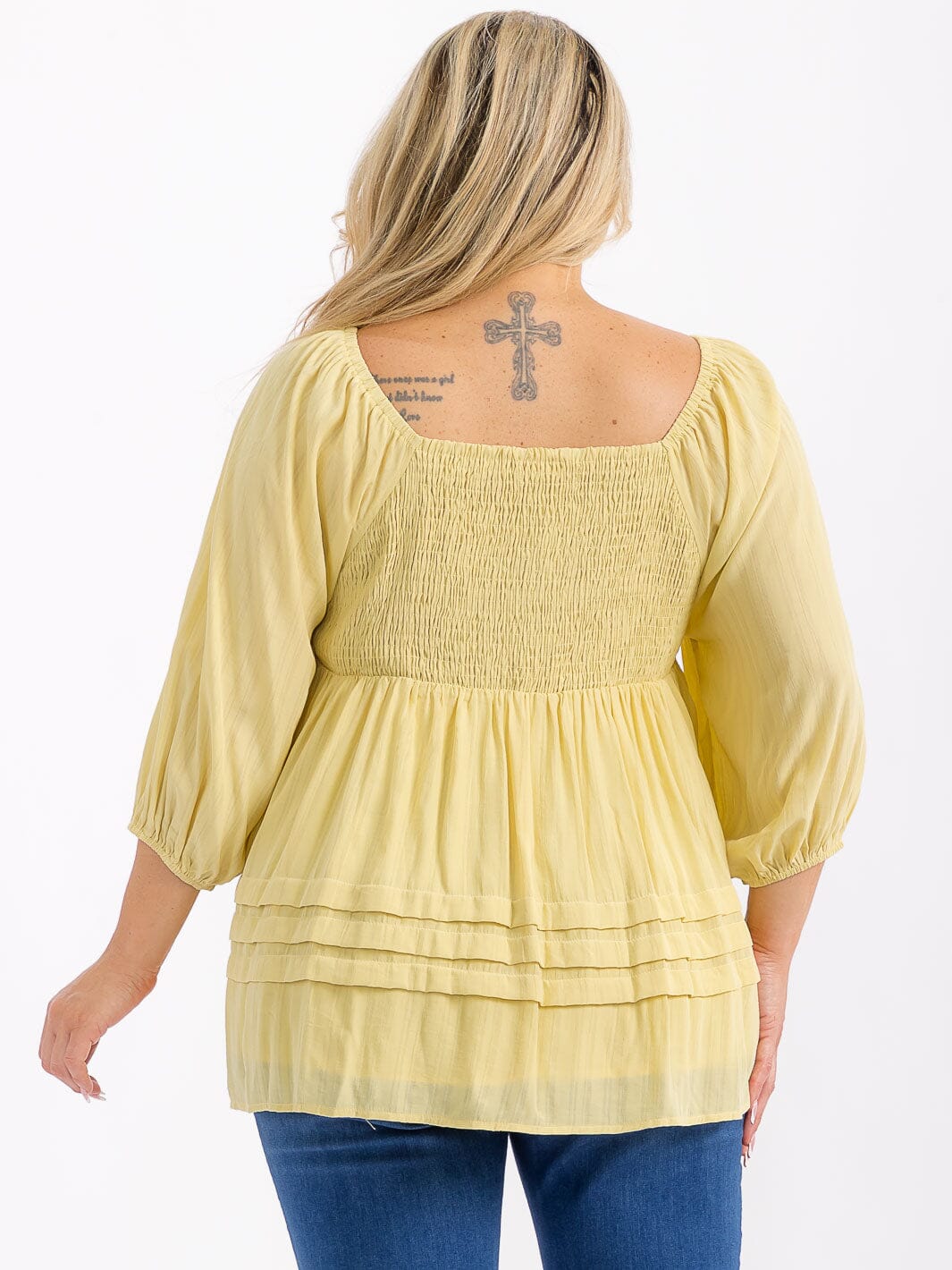 PLUS SIZE 3/4 SLEEVE SMOCK CROCHET DETAILED TUNIC BLOUSE