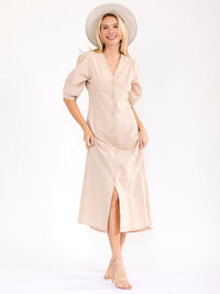WOMEN'S SHORT SLEEVE V-NECK BUTTON UP OPEN BACK MAXI DRESS