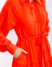 WOMEN'S LONG SLEEVE BUTTON UP SELF TIE TIERED MAXI DRESS
