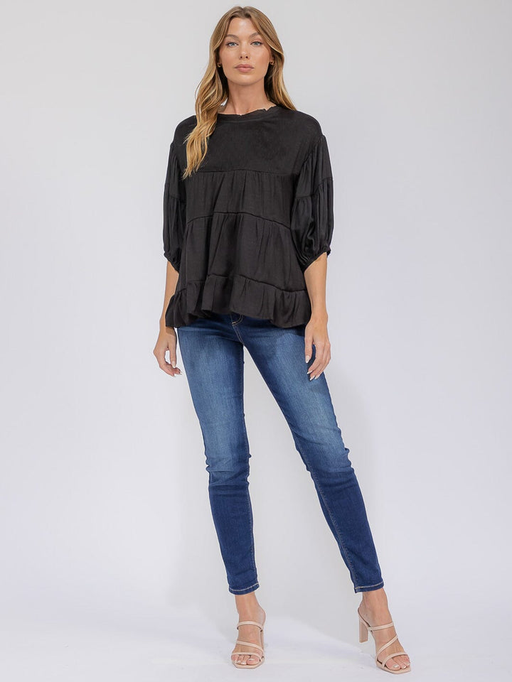 WOMEN'S SHORT SLEEVE TIERED LOOSE FIT BLOUSE