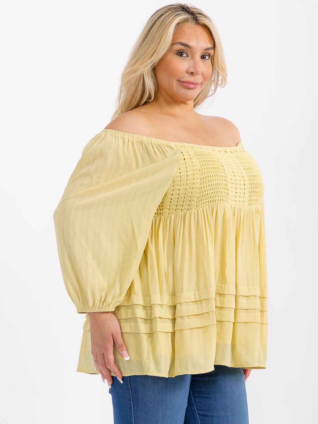 PLUS SIZE 3/4 SLEEVE SMOCK CROCHET DETAILED TUNIC BLOUSE