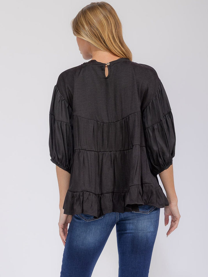 WOMEN'S SHORT SLEEVE TIERED LOOSE FIT BLOUSE