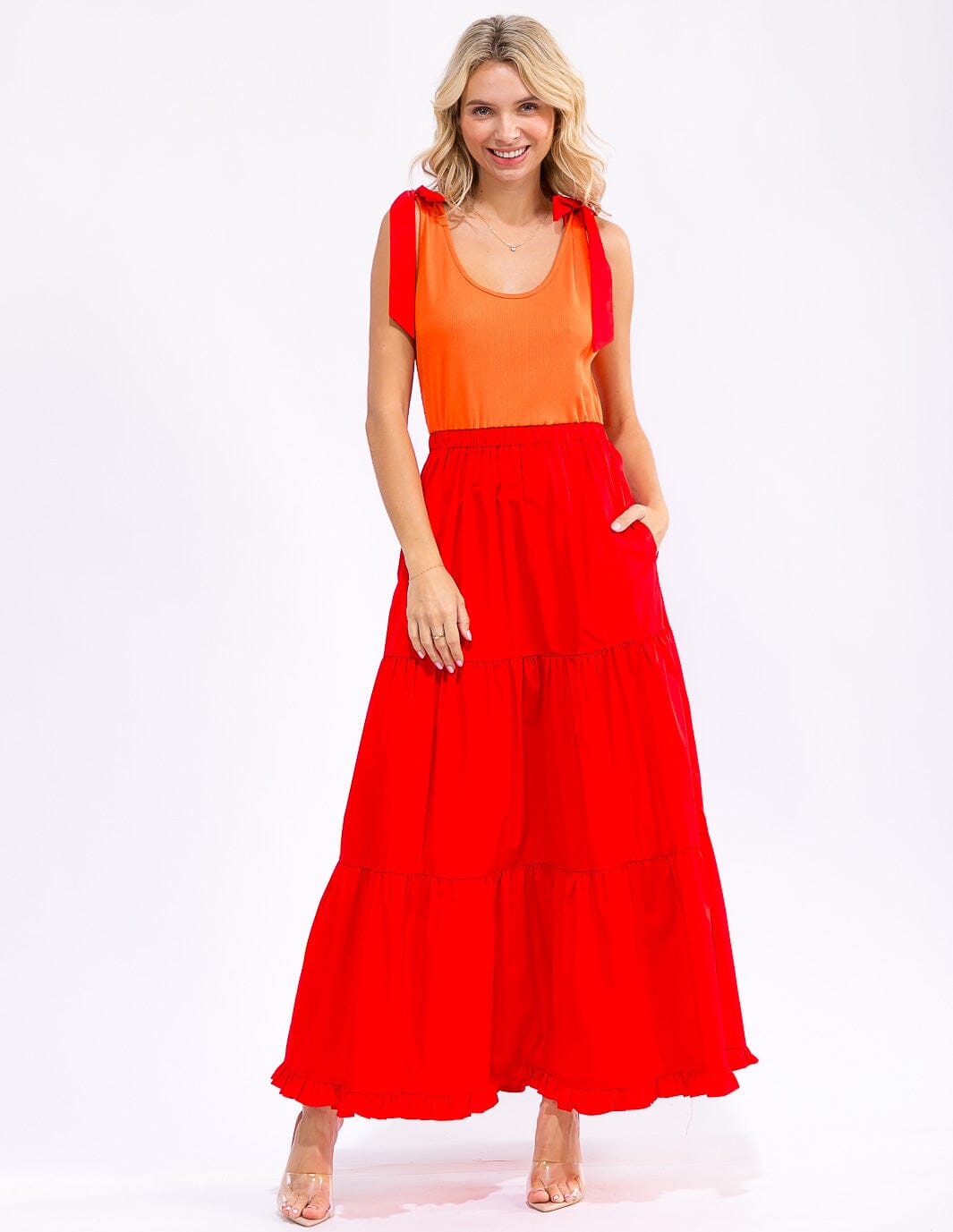 WOMEN'S SLEEVELESS FRONT POCKET TIERED COLORBLOCK MAXI DRESS