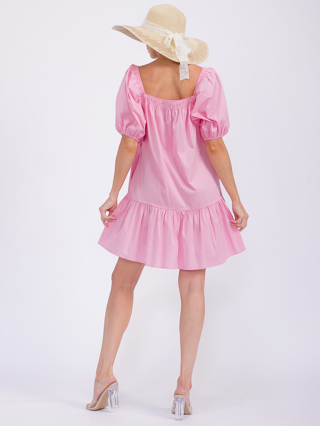 WOMEN'S SHORT PUFF SLEEVE FRONT POCKETS TIERED MINI DRESS