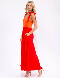 WOMEN'S SLEEVELESS FRONT POCKET TIERED COLORBLOCK MAXI DRESS
