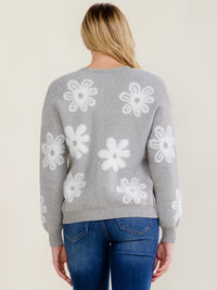 WOMEN'S LONG SLEEVE V-NECK BUTTON UP FUZZY FLOWERS SWEATER