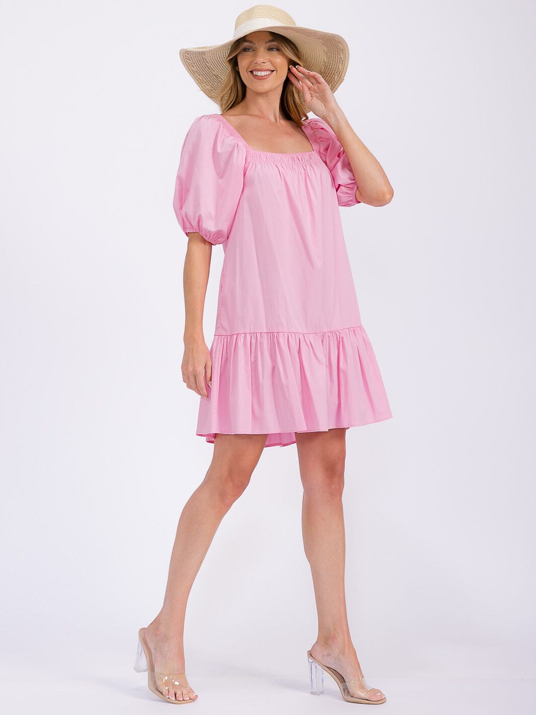 WOMEN'S SHORT PUFF SLEEVE FRONT POCKETS TIERED MINI DRESS