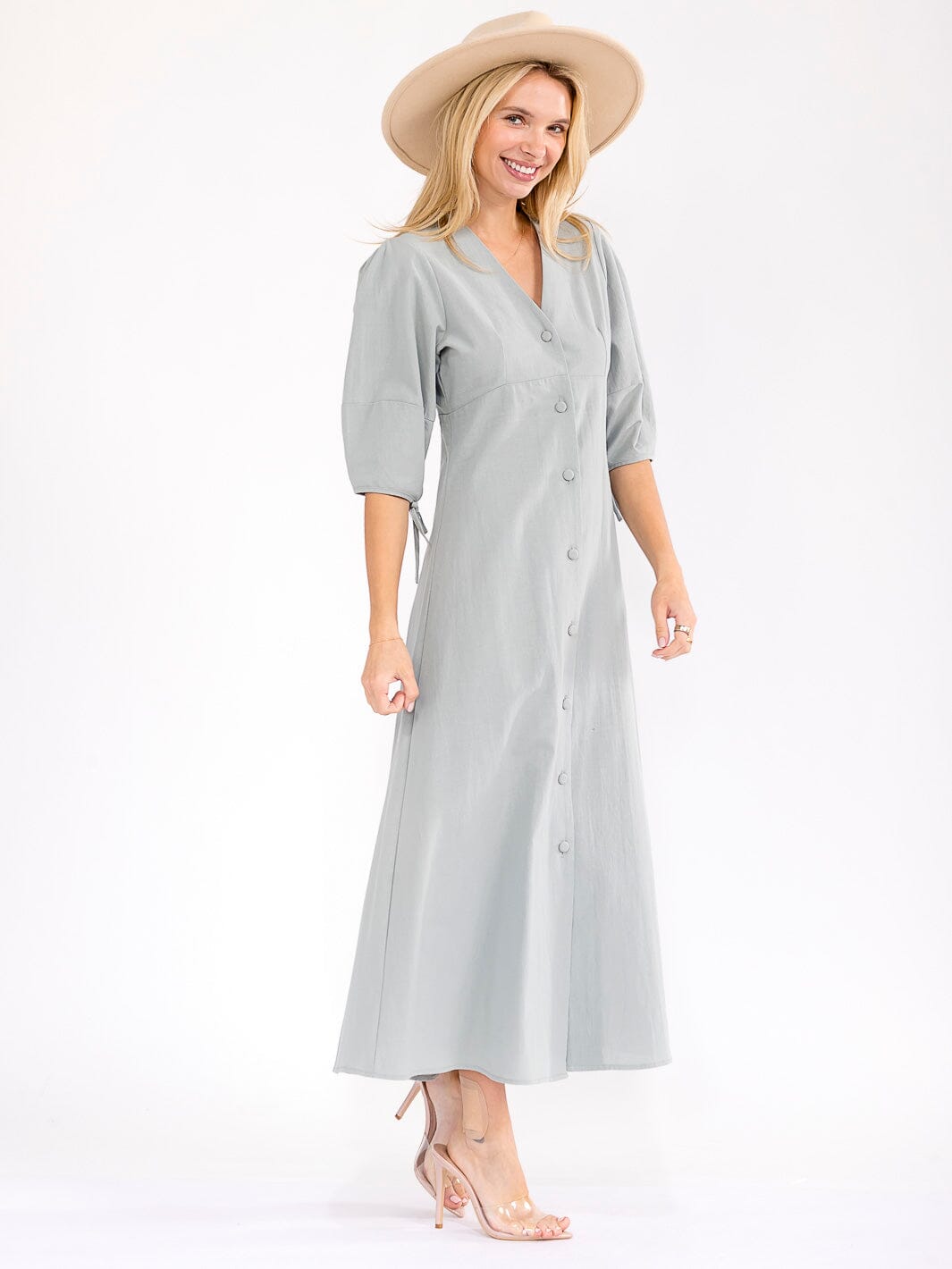 WOMEN'S SHORT SLEEVE V-NECK BUTTON UP OPEN BACK MAXI DRESS