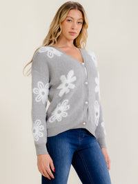 WOMEN'S LONG SLEEVE V-NECK BUTTON UP FUZZY FLOWERS SWEATER