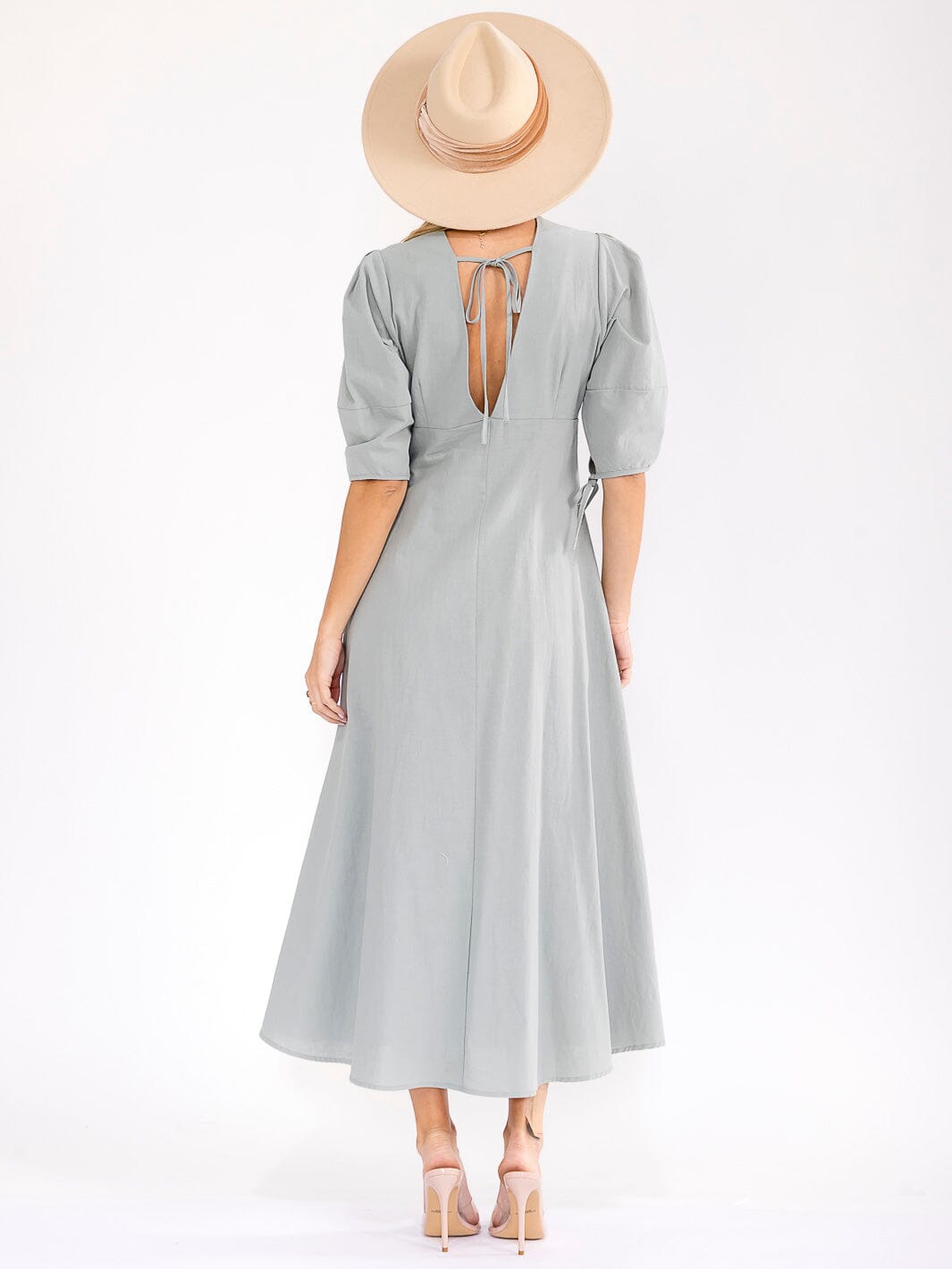 WOMEN'S SHORT SLEEVE V-NECK BUTTON UP OPEN BACK MAXI DRESS