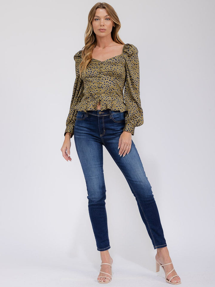 WOMEN'S LONG SLEEVE SMOCK BUTOON UP RUFFLE PEPLUM ANIMAL PRINT BLOUSE