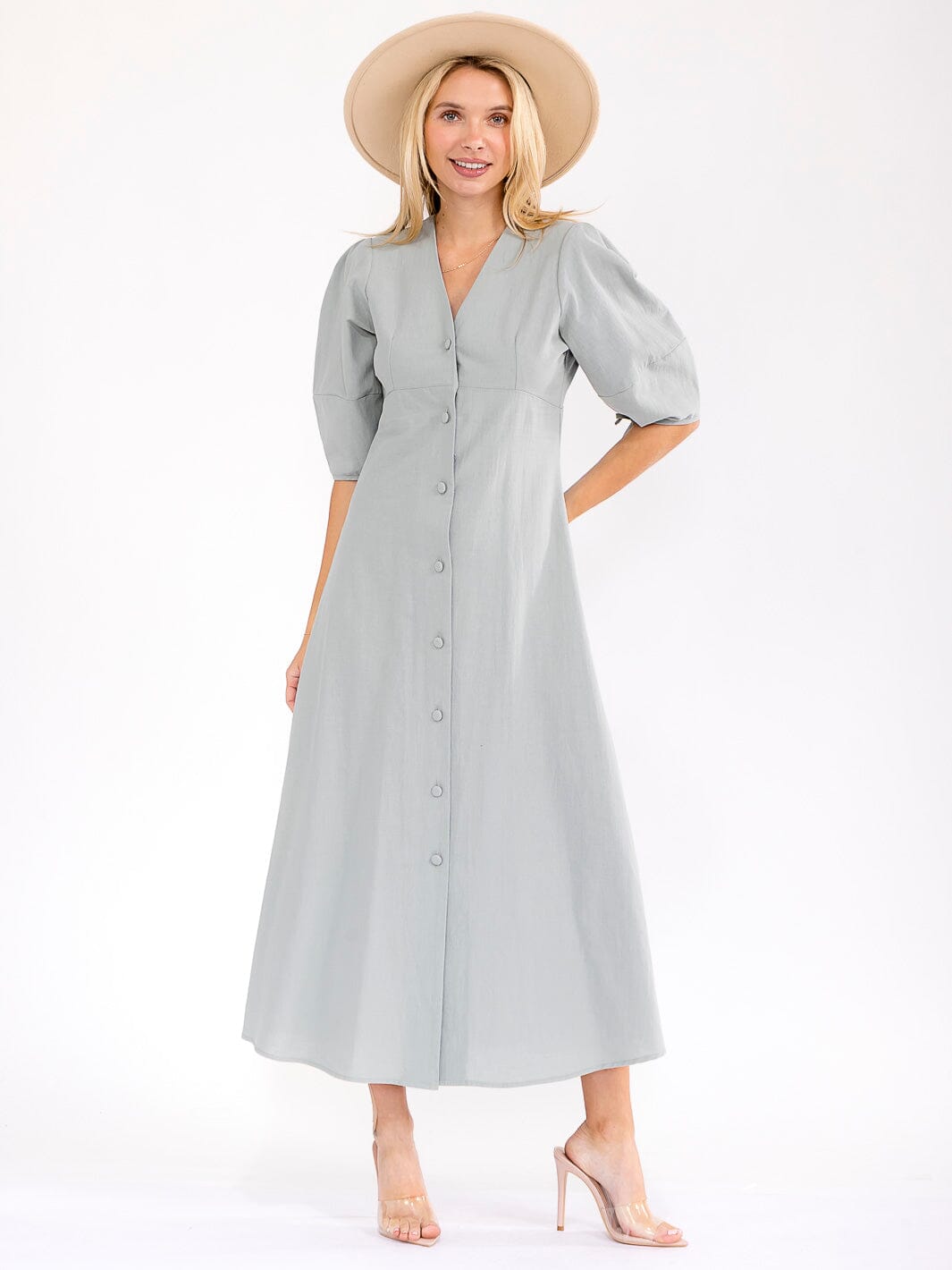 WOMEN'S SHORT SLEEVE V-NECK BUTTON UP OPEN BACK MAXI DRESS