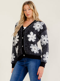 WOMEN'S LONG SLEEVE V-NECK BUTTON UP FUZZY FLOWERS SWEATER