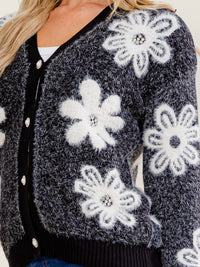 WOMEN'S LONG SLEEVE V-NECK BUTTON UP FUZZY FLOWERS SWEATER