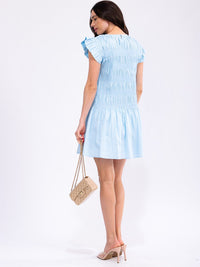 WOMEN'S RUFFLE SLEEVE FRONT POCKETS SMOCK MINI DRESS