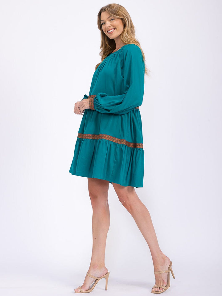 WOMEN'S LONG SLEEVE TRIM DETAILED TIERED MINI DRESS