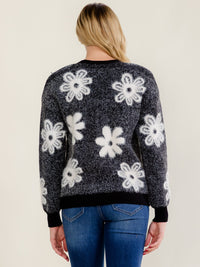 WOMEN'S LONG SLEEVE V-NECK BUTTON UP FUZZY FLOWERS SWEATER
