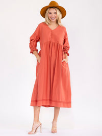 WOMEN'S 3/4 SLEEVE V-NECK FRONT POCKETS LOOSE FIT LINEN MAXI DRESS