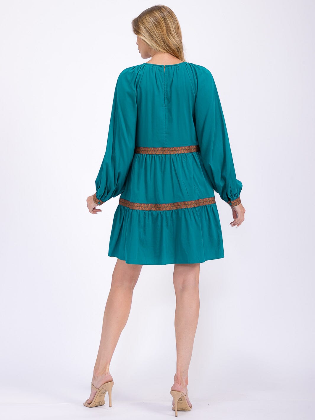 WOMEN'S LONG SLEEVE TRIM DETAILED TIERED MINI DRESS