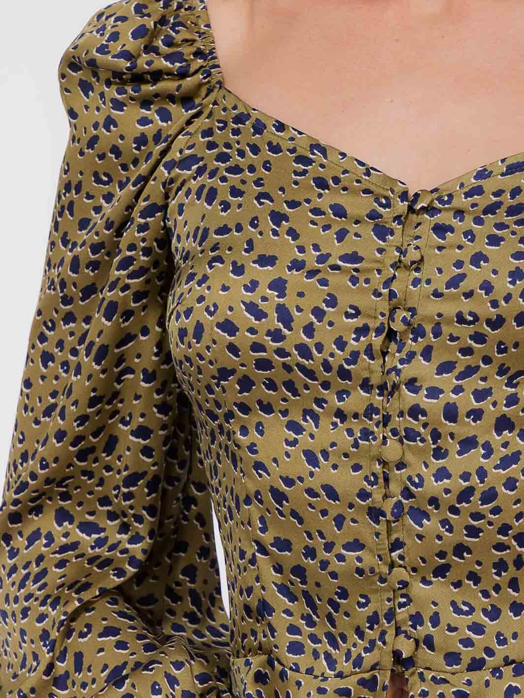 WOMEN'S LONG SLEEVE SMOCK BUTOON UP RUFFLE PEPLUM ANIMAL PRINT BLOUSE