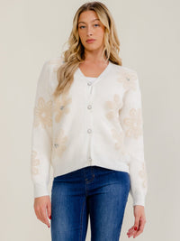 WOMEN'S LONG SLEEVE V-NECK BUTTON UP FUZZY FLOWERS SWEATER