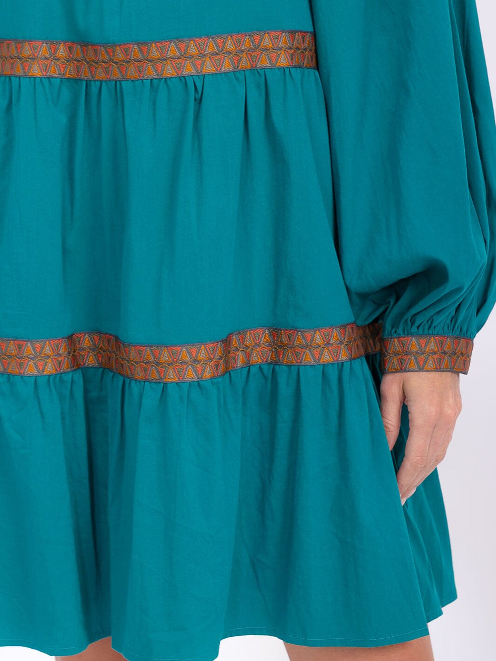 WOMEN'S LONG SLEEVE TRIM DETAILED TIERED MINI DRESS