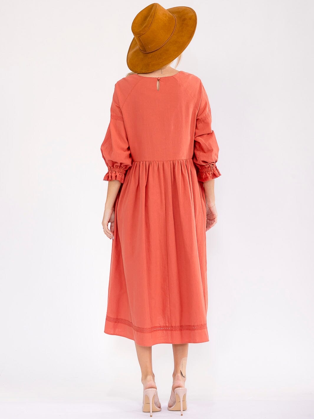 WOMEN'S 3/4 SLEEVE V-NECK FRONT POCKETS LOOSE FIT LINEN MAXI DRESS