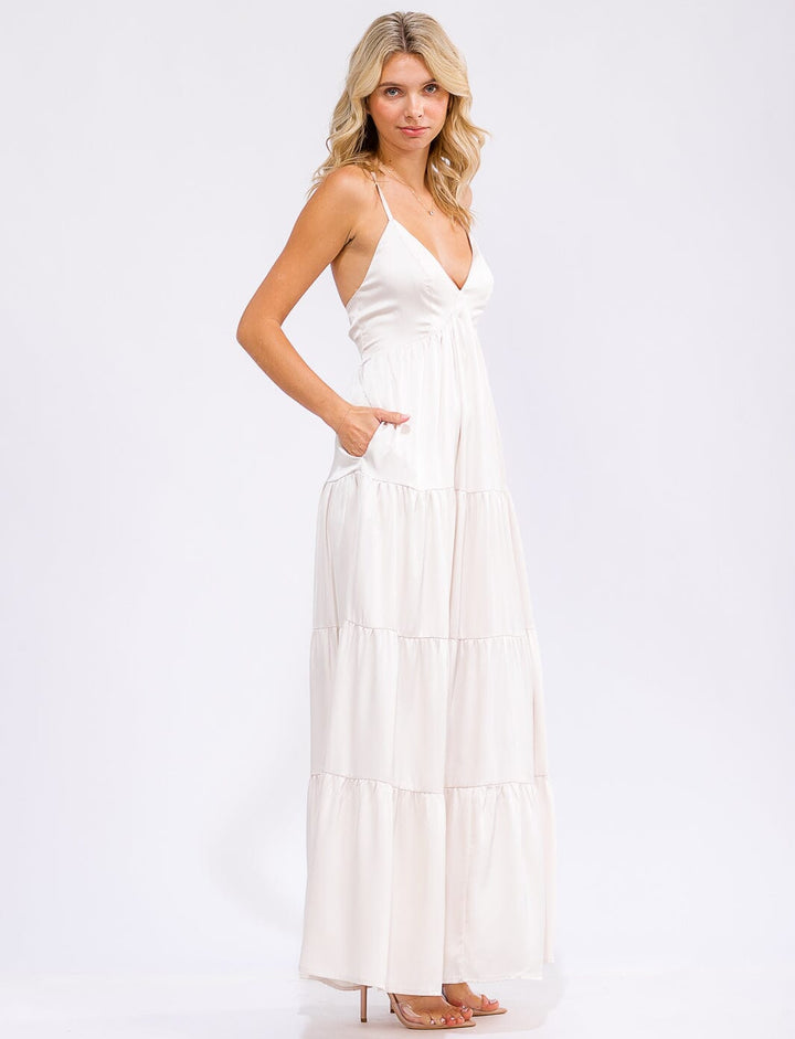 WOMEN'S SLEEVELESS V-NECK OPEN BACK TIERED MAXI DRESS