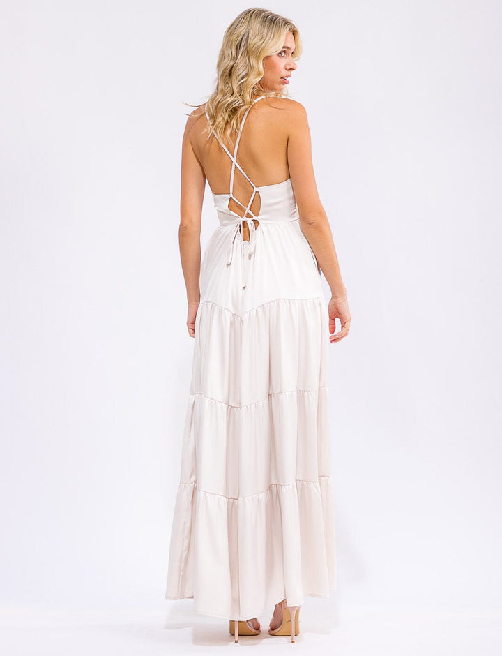 WOMEN'S SLEEVELESS V-NECK OPEN BACK TIERED MAXI DRESS