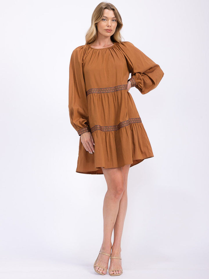 WOMEN'S LONG SLEEVE TRIM DETAILED TIERED MINI DRESS