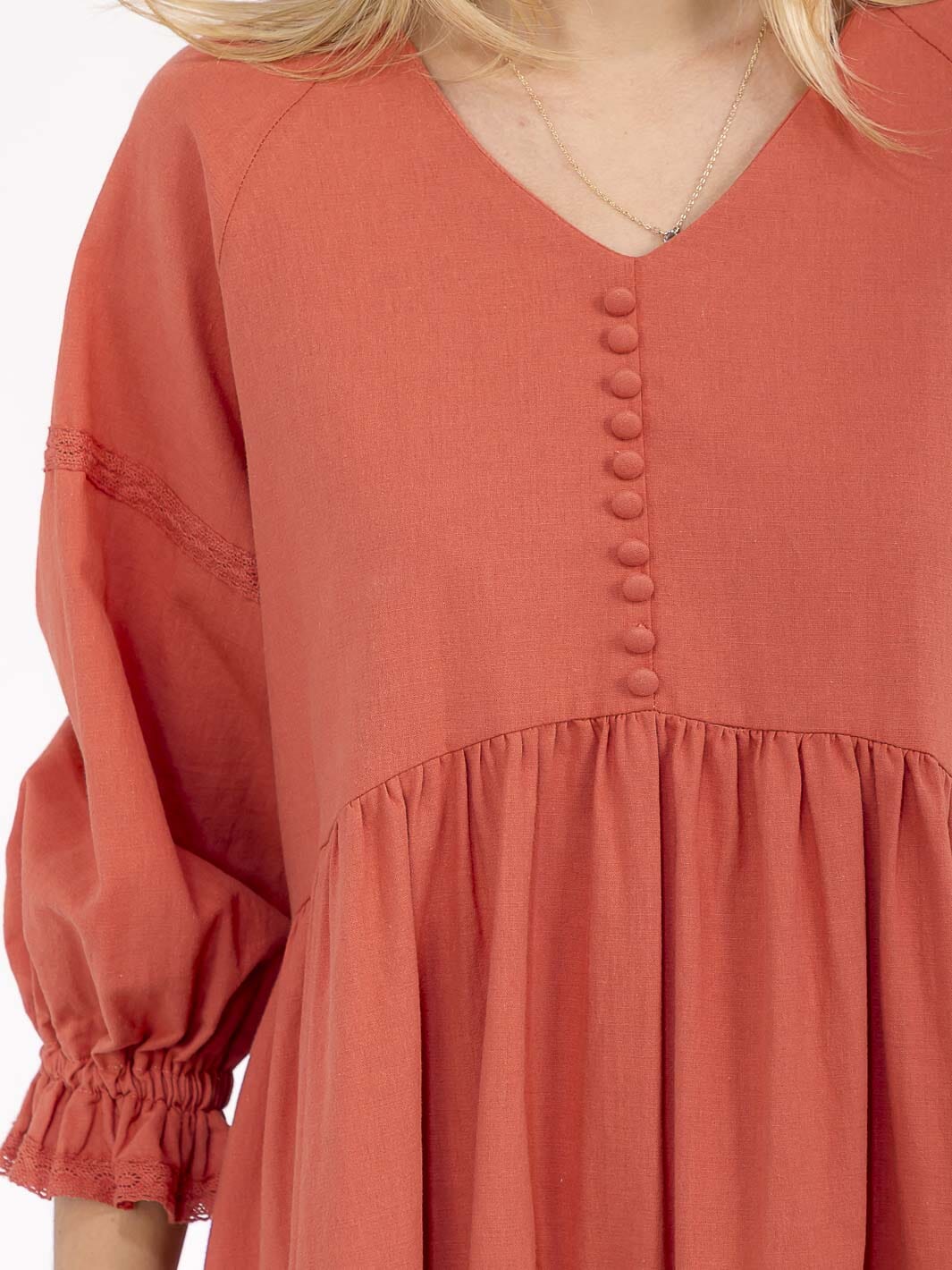 WOMEN'S 3/4 SLEEVE V-NECK FRONT POCKETS LOOSE FIT LINEN MAXI DRESS