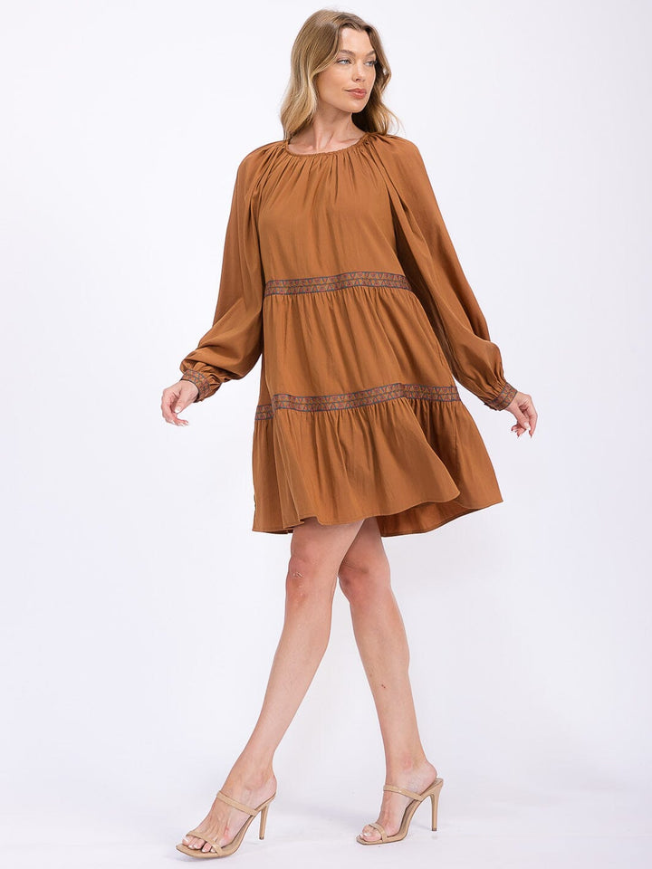 WOMEN'S LONG SLEEVE TRIM DETAILED TIERED MINI DRESS