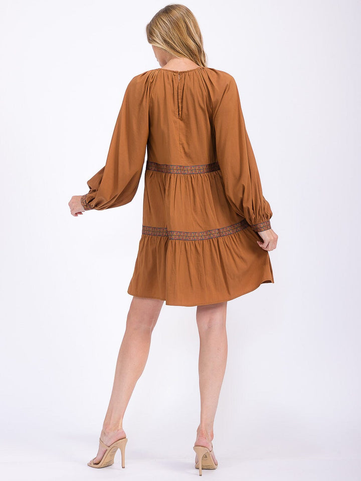 WOMEN'S LONG SLEEVE TRIM DETAILED TIERED MINI DRESS