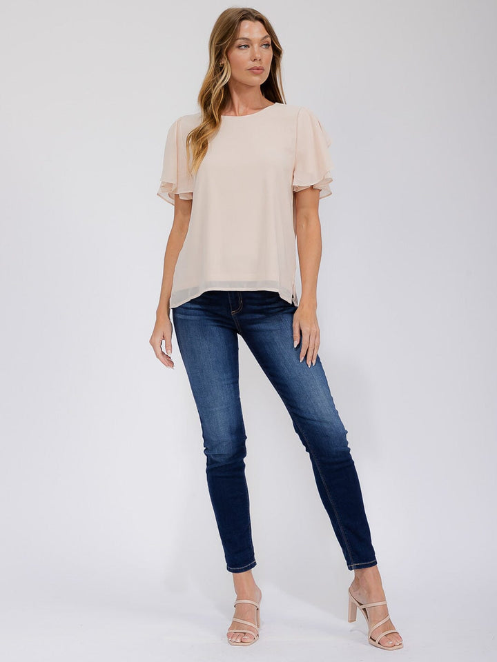 WOMEN'S SHORT RUFFLE SLEEVE TUNIC BLOUSE