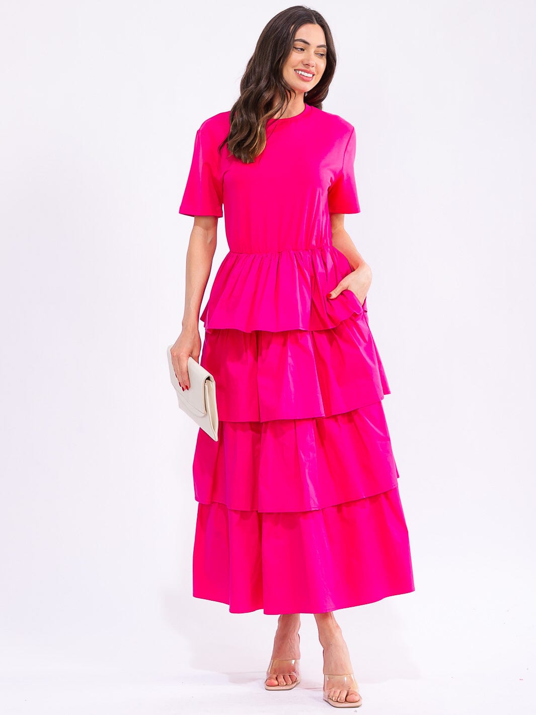 WOMEN'S SHORT SLEEVE FRONT POCKETS ELASTIC WAIST RUFFLE TIERED MAXI DRESS