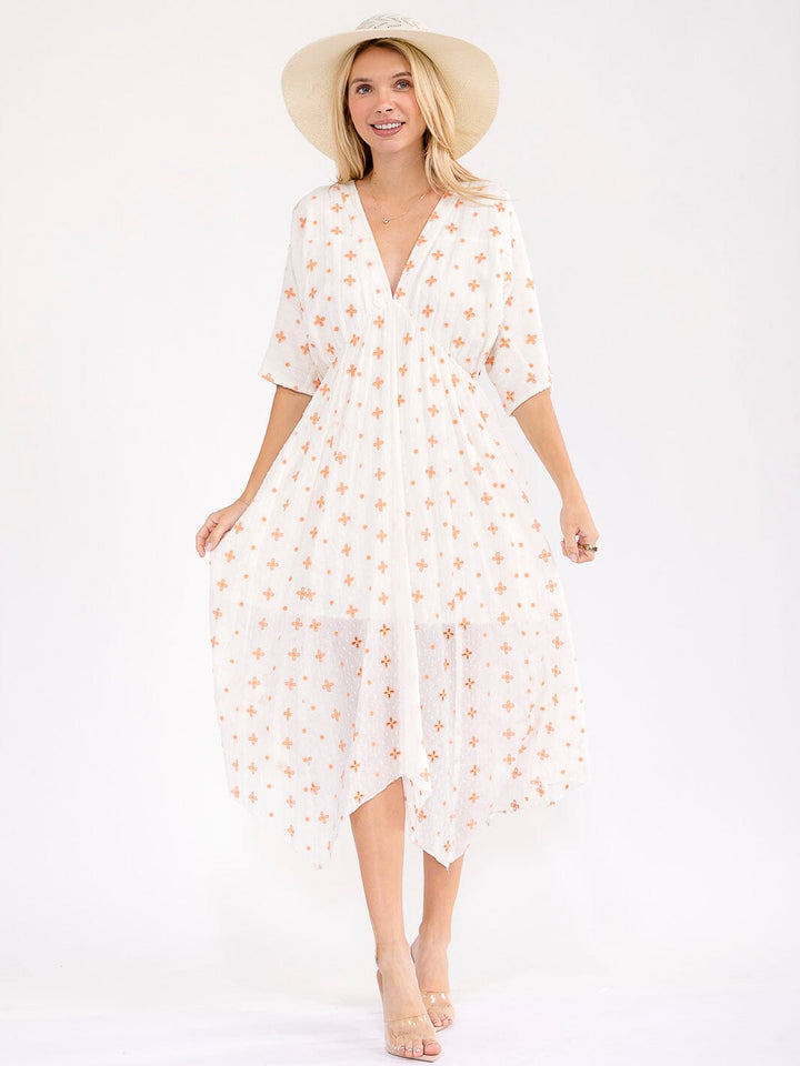 WOMEN'S SHORT SLEEVE V-NECK EYELET DETAILED MIDI DRESS