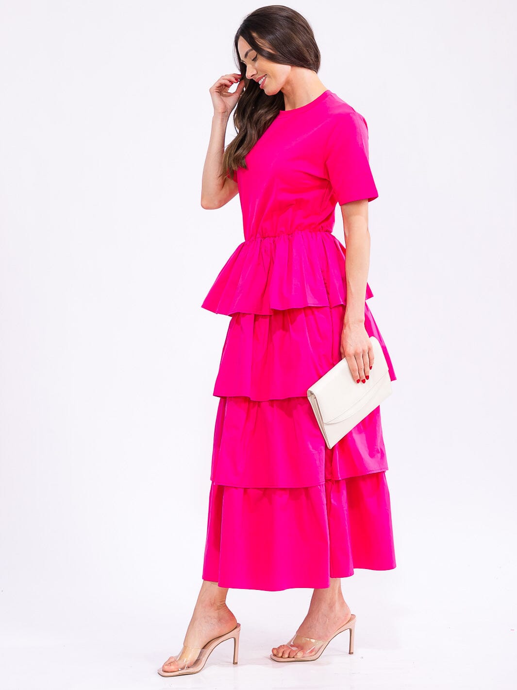 WOMEN'S SHORT SLEEVE FRONT POCKETS ELASTIC WAIST RUFFLE TIERED MAXI DRESS