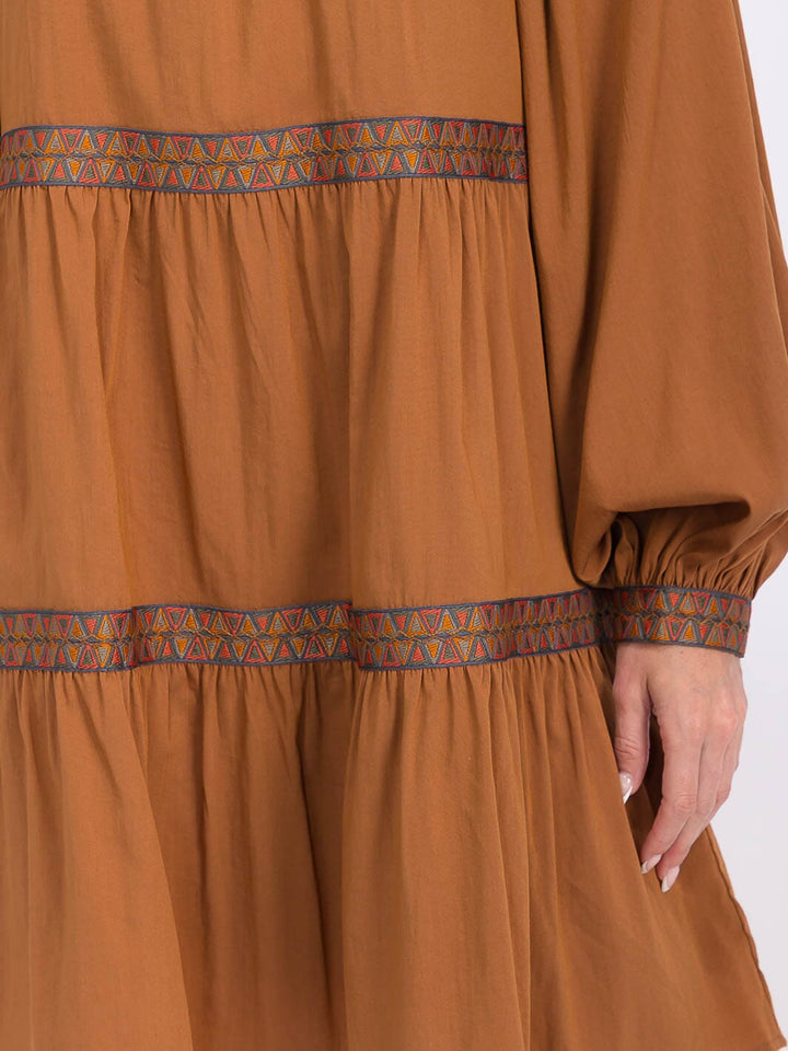 WOMEN'S LONG SLEEVE TRIM DETAILED TIERED MINI DRESS