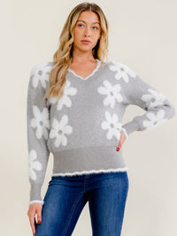 WOMEN'S LONG SLEEVE V-NECK FLOWER FUZZY PULLOVER SWEATER