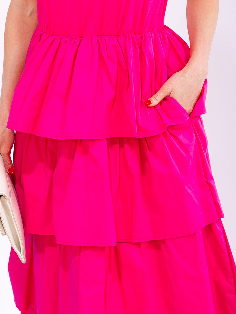 WOMEN'S SHORT SLEEVE FRONT POCKETS ELASTIC WAIST RUFFLE TIERED MAXI DRESS