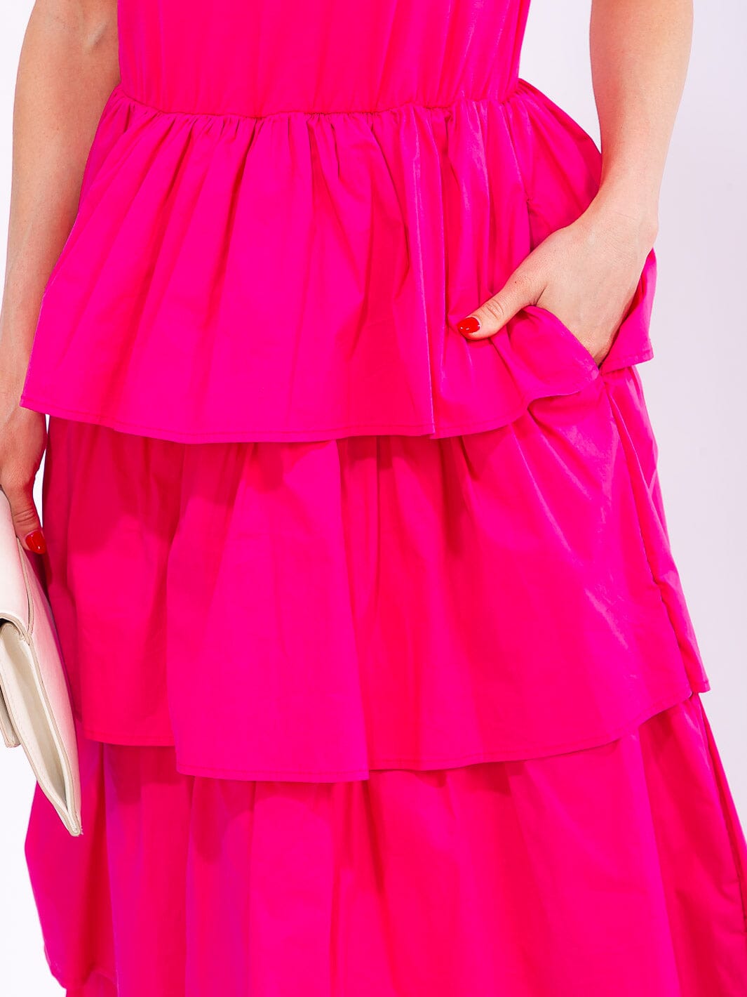 WOMEN'S SHORT SLEEVE FRONT POCKETS ELASTIC WAIST RUFFLE TIERED MAXI DRESS