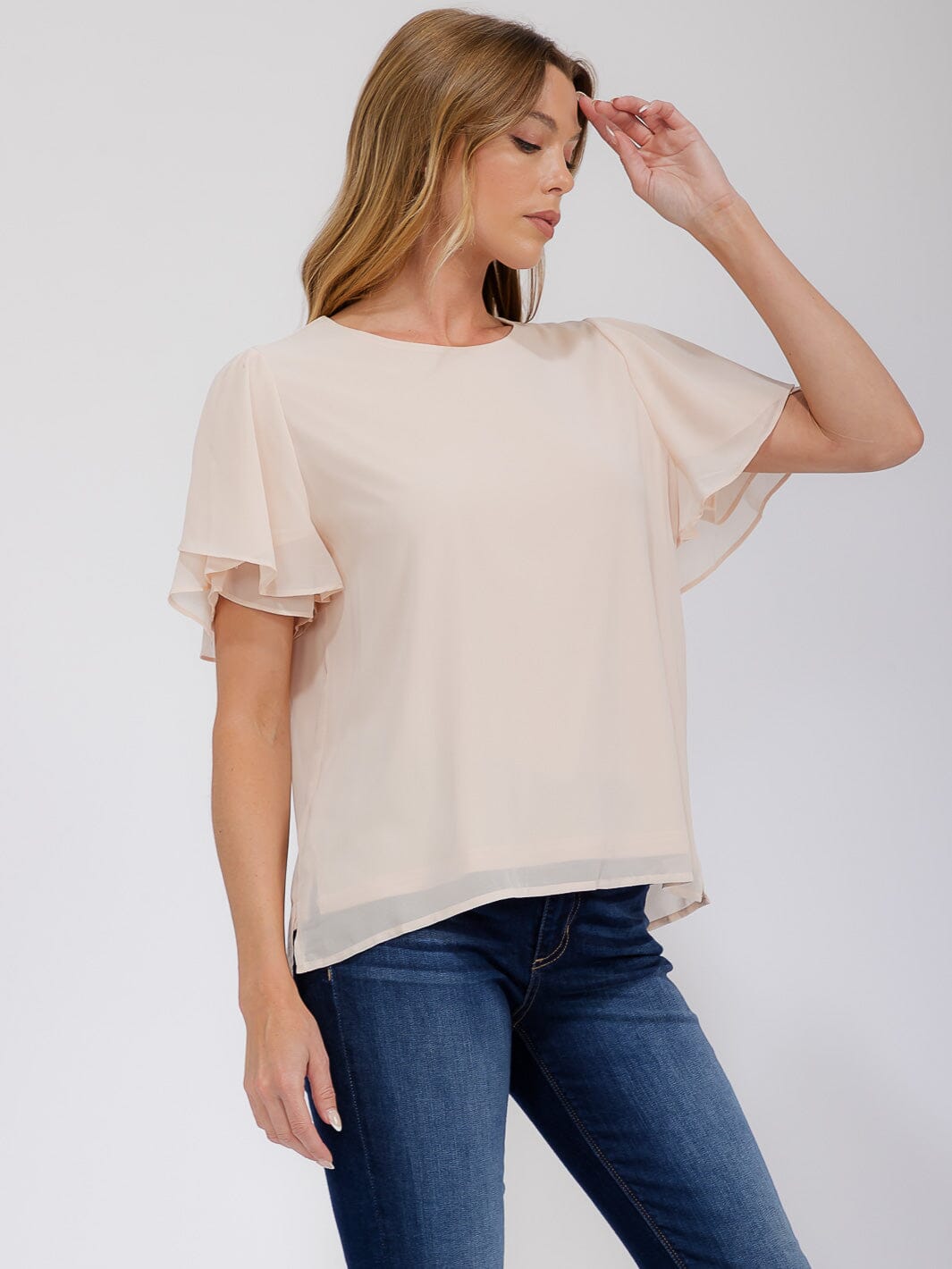 WOMEN'S SHORT RUFFLE SLEEVE TUNIC BLOUSE